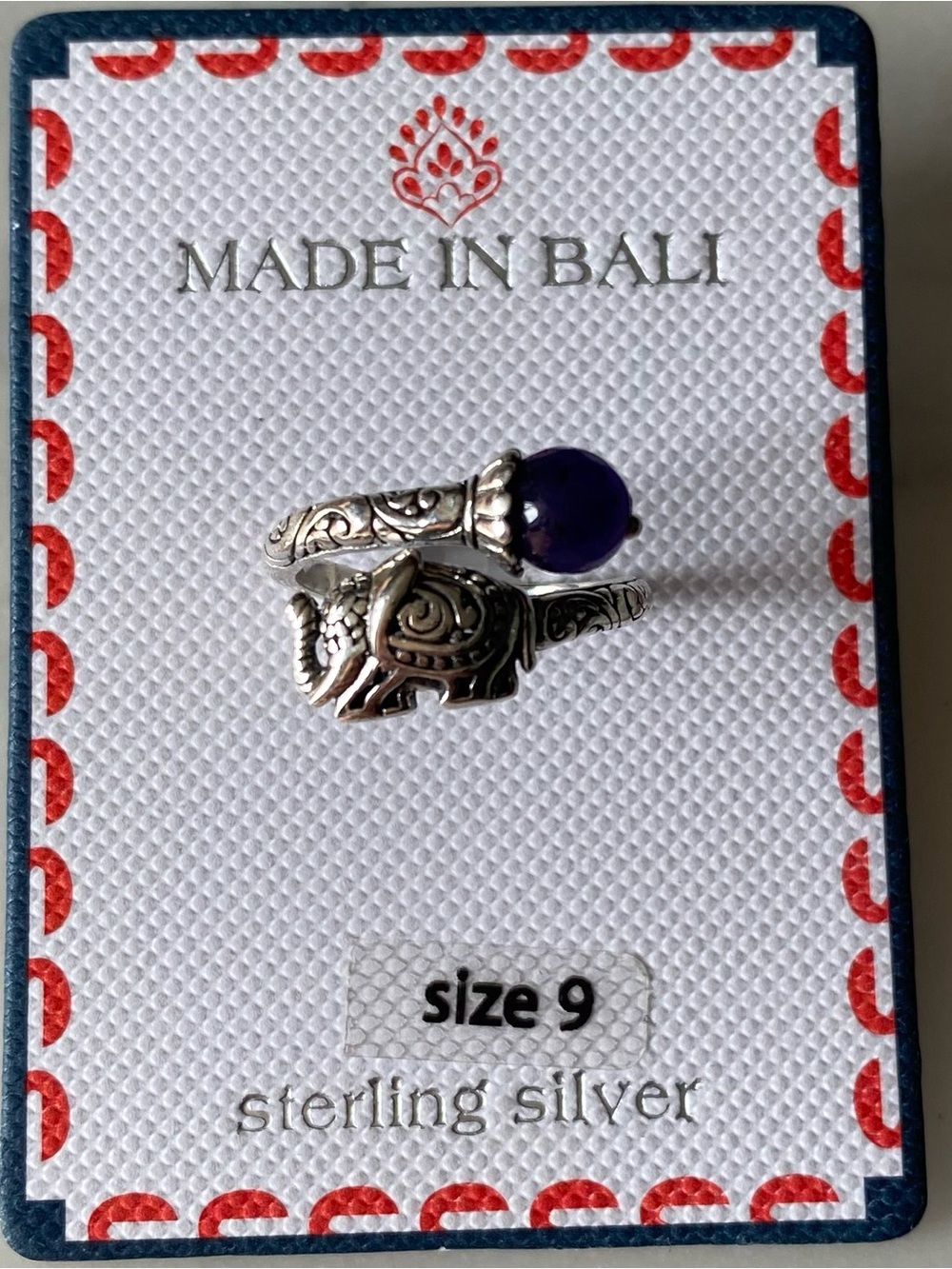 Sterling Silver Elephant Ring with Purple Stone - Size 9